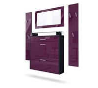 Vladon Penderie Malea, Meuble d’entrée Comprenant 1 Commode à Chaussures Murale, 1 Miroir Mural et 2 Panneaux Porte-Manteaux, Noir Mat/Mûre Haute Brillance