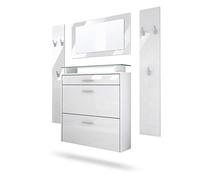Vladon Penderie Malea, Meuble d’entrée Comprenant 1 Commode à Chaussures Murale, 1 Miroir Mural et 2 Panneaux Porte-Manteaux, Blanc Mat/Blanc Haute Brillance