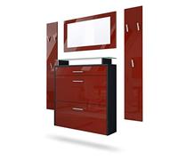 Vladon Penderie Malea, Meuble d’entrée Comprenant 1 Commode à Chaussures Murale, 1 Miroir Mural et 2 Panneaux Porte-Manteaux, Noir Mat/Bordeaux Haute Brillance