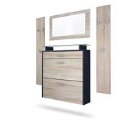 Vladon Penderie Malea, Meuble d’entrée Comprenant 1 Commode à Chaussures Murale, 1 Miroir Mural et 2 Panneaux Porte-Manteaux, Anthracite Mat/Chêne Brut