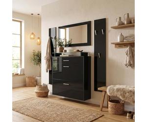 Vladon Penderie Malea, Meuble d’entrée Comprenant 1 Commode à Chaussures Murale, 1 Miroir Mural et 2 Panneaux Porte-Manteaux, Noir Mat/Noir Haute Brillance