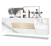 Vladon Sideboard Houston, Commode Suspendue avec 2 Portes et 3 tiroirs, Corps Blanc Mat, façades Blanc Brillant, tiroir Central chêne Nature, (178 x 57,5 x 38,5 cm)