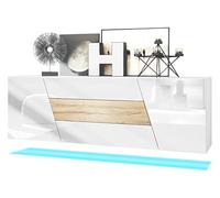 Vladon Sideboard Houston, Commode Suspendue avec 2 Portes et 3 tiroirs, Corps Blanc Mat, façades Blanc Brillant, tiroir Central chêne Nature, éclairage LED Inclus (178 x 57,5 x 38,5 cm)