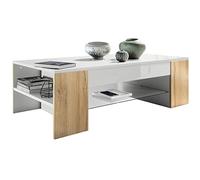 Vladon Table de Salon Clip, Table d’appoint avec 2 Compartiments latéraux et 1 Plaque de Verre, Blanc Mat/Chêne Nature (118 x 37 x 60 cm)