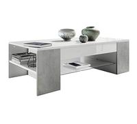 Vladon Table de Salon Clip, Table d’appoint avec 2 Compartiments latéraux et 1 Plaque de Verre, Blanc Mat/Aspect Béton Oxyde (118 x 37 x 60 cm)