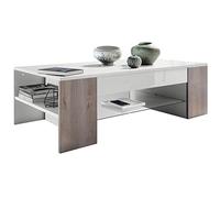 Vladon Table de Salon Clip, Table d’appoint avec 2 Compartiments latéraux et 1 Plaque de Verre, Blanc Mat/Chêne Nordique (118 x 37 x 60 cm)