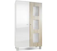 Vladon Vitrine Armoire Denjo, Corps en Blanc mat - Façades en Blanc haute brillance et Chêne brut