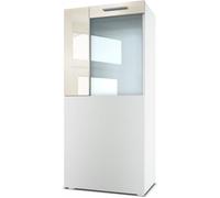Vladon Vitrine Armoire Movie, Corps en Blanc mat - Façades en Blanc mat avec une bordure en Crème haute brillance