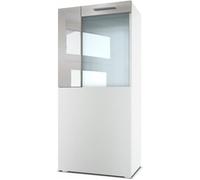 Vladon Vitrine Armoire Movie, Corps en Blanc mat - Façades en Blanc mat avec une bordure en Gris sable haute brillance