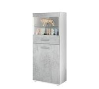 Vladon Vitrine de Salon Almada, Vitrine sur Pied avec 2 Portes, 4 Compartiments et 1 vitre, Blanc Mat/Aspect Béton Oxyde (53 x 125 x 30 cm)