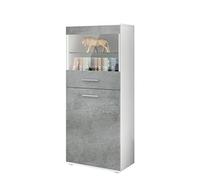 Vladon Vitrine de Salon Almada, Vitrine sur Pied avec 2 Portes, 4 Compartiments et 1 vitre, Blanc Mat/Aspect Béton Foncé (53 x 125 x 30 cm)