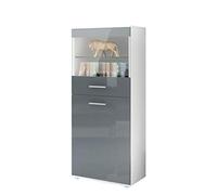 Vladon Vitrine de Salon Almada, Vitrine sur Pied avec 2 Portes, 4 Compartiments et 1 vitre, Blanc Mat/Gris Haute Brillance (53 x 125 x 30 cm)