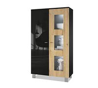 Vladon Vitrine de Salon Denjo, Vitrine sur Pied avec 2 Portes et 3 vitres, Noir Mat/Noir Haute Brillance/Chêne Nature, éclairage LED Inclus (71 x 129 x 35 cm)