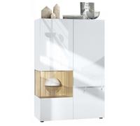 Vladon Vitrine Morena V2 avec 2 portes et insert en verre, blanc mat - blanc haute brillance - chêne nature