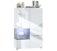 Vladon Vitrine Morena V2 avec 2 portes et insert en verre, blanc mat - blanc haute brillance - gris haute brillance avec LED
