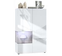 Vladon Vitrine Morena V2 avec 2 portes et insert en verre, blanc mat - blanc haute brillance - gris sable haute brillance avec LED
