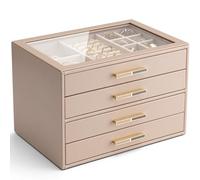 Vlando Boîte à bijoux à 4 couches pour femme, couvercle en verre avec 4 tiroirs pour colliers, bagues, boucles d'oreilles, bracelets - Caramel