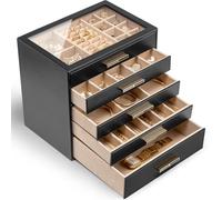 VLANDO Boîte à bijoux à 5 niveaux avec couvercle en verre et 5 tiroirs pour colliers, boucles d'oreilles, montres, bracelets - Noir