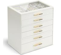 Vlando Boîte à bijoux à 6 couches pour femme, couvercle en verre avec 6 tiroirs pour colliers, bagues, boucles d'oreilles, bracelets - Blanc