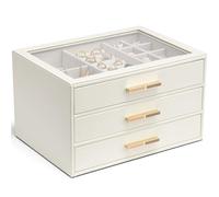 Vlando Boîte à Bijoux avec Couvercle en Verre, Organisateur de Rangement de Bijoux avec 3 Tiroirs, Boîte de Rangement pour Colliers, Bagues, Boucles d'oreilles, Bracelets, Montres, Blanc