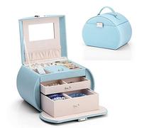 Vlando Boîte à Bijoux, Coffret à Bijoux avec 3 Niveaux, Rangement pour Colliers, bagues, Montres, avec Miroir et poignée, Carte de voeux, Cadeaux pour les filles et les femmes (Bleu)