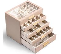 Vlando Boîte à bijoux grande, boîte à bijoux à 5 niveaux, organisateur de bijoux avec couvercle en verre, 5 tiroirs, pour colliers, boucles d'oreilles, montres, bracelets, rangement de bijoux, moderne