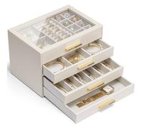 Vlando Boîte à bijoux Grande, Boîte à bijoux avec 4 niveaux, Organisateur de bijoux avec couvercle en verre, 4 tiroirs, pour colliers, boucles d'oreilles, montres, bracelets, rangement de bijoux