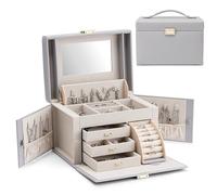 Vlando Boîte à bijoux miroir - Étui de rangement en cuir - Pour colliers, boucles d'oreilles, bagues - Gris clair