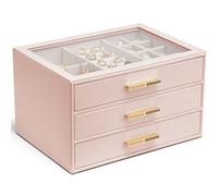 Vlando Boîte à bijoux pour femme, couvercle en verre avec 3 tiroirs pour colliers, bagues, boucles d'oreilles, bracelets, cadeau de fête des mères pour maman, rose foncé