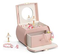 Vlando Boîte à bijoux pour filles avec tiroir, boîte à musique avec ballerine et autocollants pour décoration de chambre à coucher, cadeaux pour filles, enfants, rose