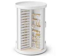 VLANDO Boîte à bijoux rotative à 360° avec 6 crochets pour colliers, boucles d'oreilles, bracelets, design ouvert, blanche