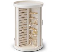 Vlando Boîte à bijoux rotative à 360°, boîte à bijoux avec 6 crochets pour colliers, rangement vertical pour colliers, boucles d'oreilles, bracelets, design ouvert, beige