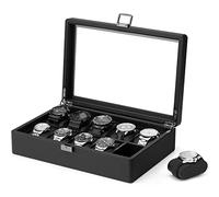 Vlando Boîte à montres avec 10 compartiments, boîtier de montre avec couvercle en verre, rangement de montres pour hommes, vitrine à montres avec coussin de montre