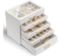 Vlando Grande boîte à bijoux 5 niveaux avec couvercle en verre, 5 tiroirs, rangement pour colliers, boucles d'oreilles, montres, bracelets, moderne, Cendrillon Plus, blanc