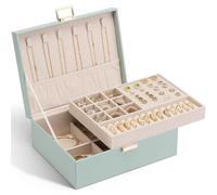 Vlando Grande boîte à bijoux à 2 étages pour femme - Plateau à bijoux amovible pour collier, boucles d'oreilles, bagues, bracelets, cadeaux de Noël pour maman, épouse (vert)