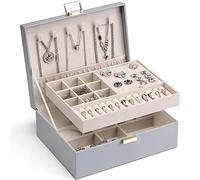 Vlando Grande boîte à bijoux à 2 étages pour femme, plateau à bijoux amovible pour collier, boucles d'oreilles, bagues, bracelets, boîtes à bijoux pour femme