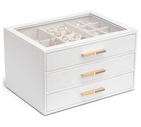 Vlando Grande boîte à bijoux à 3 niveaux avec couvercle en verre, 3 tiroirs, pour colliers, boucles d'oreilles, montres, bracelets, rangement de bijoux, moderne, Cendrillon Plus blanc