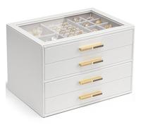 Vlando Grande boîte à bijoux à 4 niveaux avec couvercle en verre, 4 tiroirs, pour colliers, boucles d'oreilles, montres, bracelets, rangement de bijoux, moderne, Cendrillon Plus, blanc