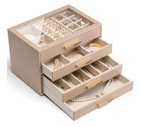 Vlando Grande boîte à bijoux à 4 niveaux avec couvercle en verre pour colliers, boucles d'oreilles, montres, bracelets, rangement de bijoux, moderne, café au lait