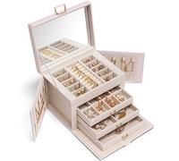 Vlando Grande boîte à bijoux à 4 niveaux - En cuir synthétique - Avec miroir et tiroirs - Organiseur de bijoux - Doublure en velours - Beige