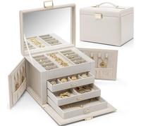 Vlando Grande boîte à bijoux à 4 niveaux - En cuir synthétique - Avec miroir et tiroirs - Organiseur de bijoux - Doublure en velours - Jaune clair