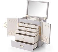 Vlando Grande boîte à bijoux à 5 étages en cuir synthétique avec plateau à bijoux amovible pour collier, boucles d'oreilles, bagues, bracelets, vitrine de rangement pour femmes, cadeau pour femme,