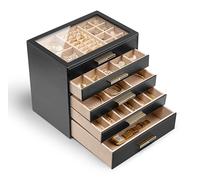 Vlando Grande boîte à bijoux à 5 niveaux avec couvercle en verre, 5 tiroirs, pour colliers, boucles d'oreilles, montres, bracelets, rangement de bijoux, moderne, noire
