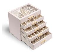 Vlando Grande boîte à bijoux à 5 niveaux avec couvercle en verre, 5 tiroirs, pour colliers, boucles d'oreilles, montres, bracelets, rangement de bijoux, moderne, Cendrillon Plus, rose