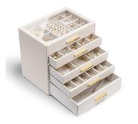 Vlando Grande boîte à bijoux à 5 niveaux avec couvercle en verre, 5 tiroirs, pour colliers, boucles d'oreilles, montres, bracelets, rangement de bijoux, moderne, Cendrillon Plus, beige