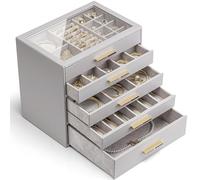 Vlando Grande boîte à bijoux à 5 niveaux avec couvercle en verre, 5 tiroirs, pour colliers, boucles d'oreilles, montres, bracelets, rangement de bijoux, moderne, Cendrillon Plus, gris