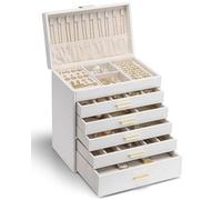 Vlando Grande boîte à bijoux à 6 étages avec support de collier, rangement de bijoux pour bagues, bracelets et montres, cadeau pour femme (blanc)