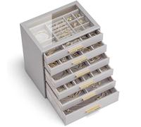 Vlando Grande boîte à bijoux à 6 niveaux avec couvercle en verre, 6 tiroirs, pour colliers, boucles d'oreilles, montres, bracelets, rangement de bijoux, moderne, Cendrillon Plus, gris