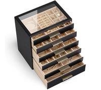 Vlando Grande boîte à bijoux à 6 niveaux avec couvercle en verre, 6 tiroirs, pour colliers, boucles d'oreilles, montres, bracelets, rangement de bijoux, moderne, Cendrillon Plus, noir