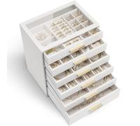 Vlando Grande boîte à bijoux à 6 niveaux avec verre, 6 tiroirs, pour colliers, boucles d'oreilles, montres, bracelets, rangement, moderne, Cendrillon Plus, blanc